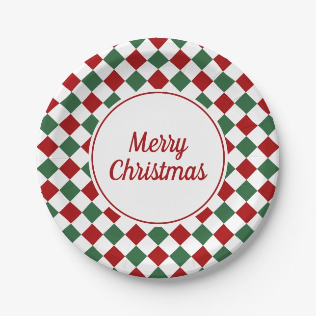 Classic Red And Green Checks Merry Christmas Paper Plates (Front)