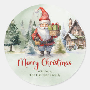 Classic red and green cute gnome with gifts round sticker