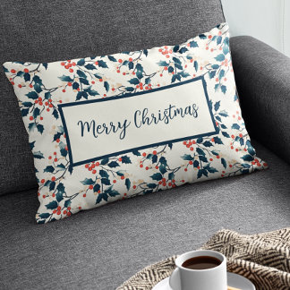 Classic Red and Green Holly Berries Christmas Lumbar Pillow