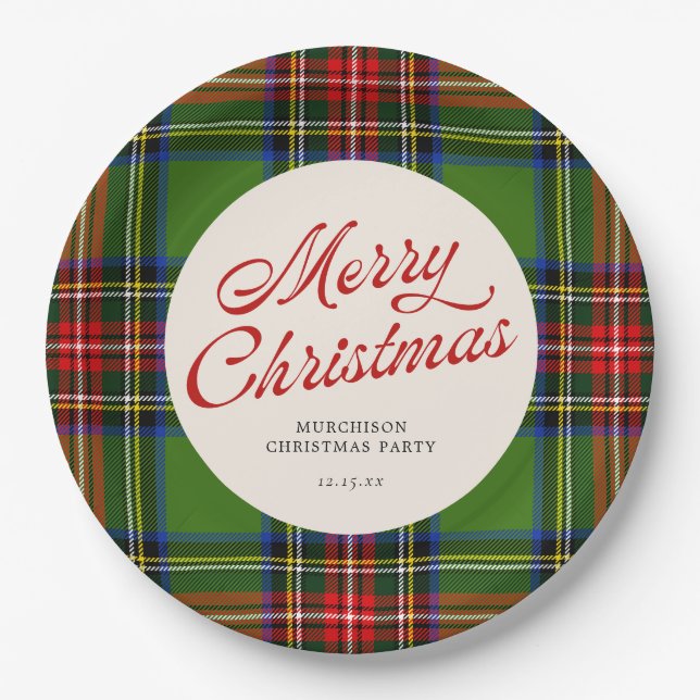 Classic Red and Green Merry Christmas Plaid Paper Plates (Front)