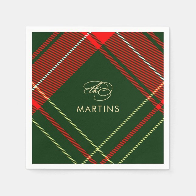 Classic Red and Green Plaid Custom Name Holiday Napkins (Front)