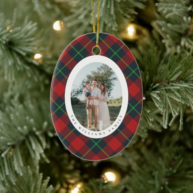 Classic Red and Green Plaid Family Photo Holiday Ceramic Ornament (Tree)