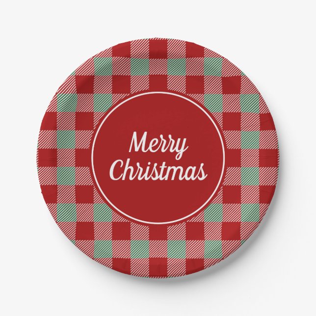 Classic Red And Green Plaid Merry Christmas Paper Plates (Front)