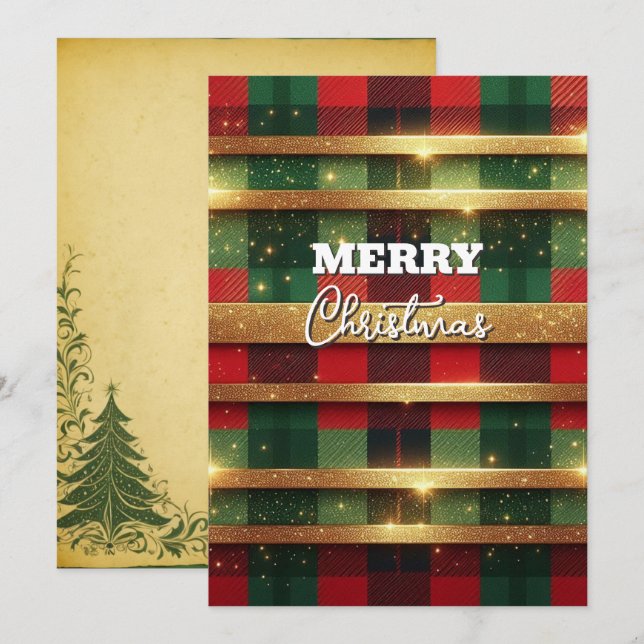 Classic Red and Green Plaid Sparkling Gold Stripes Holiday Card (Front/Back)