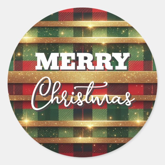 Classic Red and Green Plaid Sparkling Gold Stripes Round Sticker (Front)