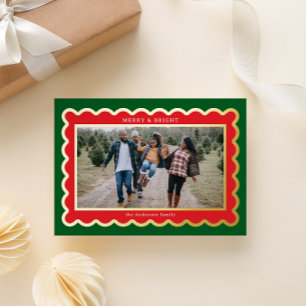 Classic Red and Green Preppy Scallop Photo Frame Foil Holiday Card