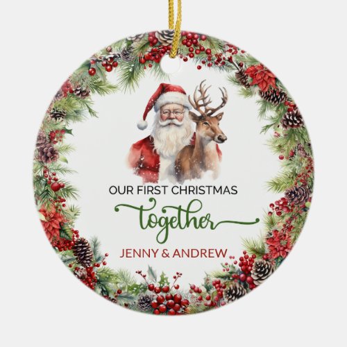 Classic red and green scheme Santa and reindeer Ceramic Ornament