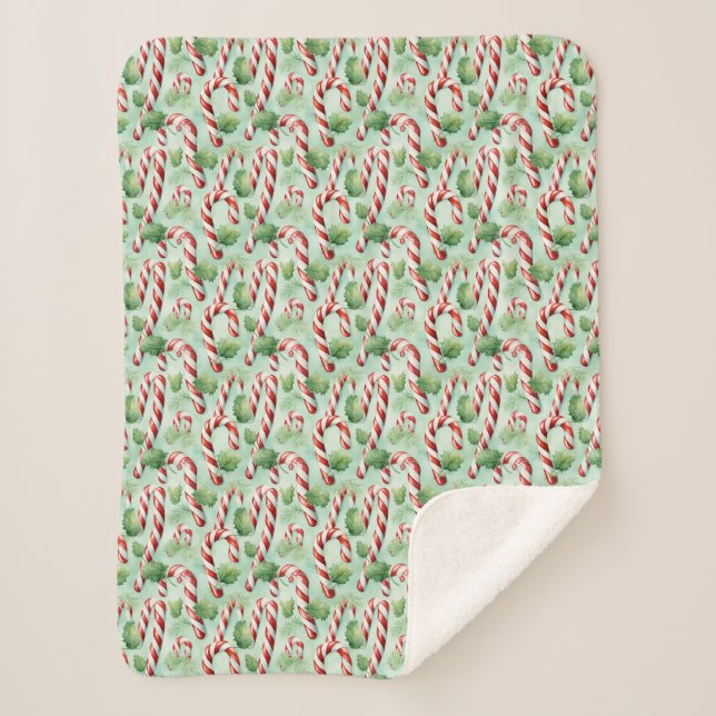 Classic red and white Christmas candy cane Sherpa Blanket (Front)