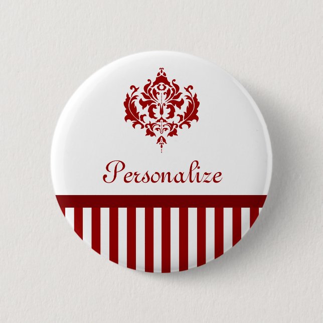 Classic Red and White Damask Stripes and Name Pinback Button (Front)