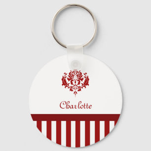 Classic Red and White Damask With Stripes And Name Keychain