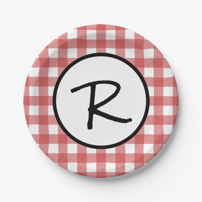 Classic Red and White Gingham BBQ Picnic Party Paper Plates (Front)