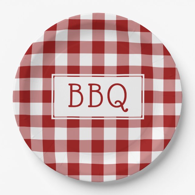 Classic Red and White Gingham Pattern BBQ Party Paper Plates (Front)