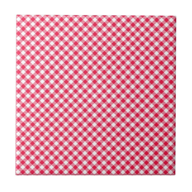 Classic Red and White Gingham Pattern Rustic Ceramic Tile (Front)