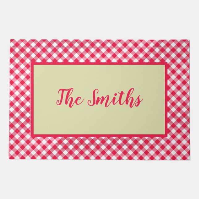 Classic Red and White Gingham Pattern Rustic Doormat (Front)