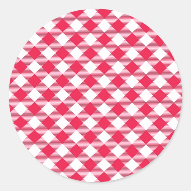 Classic Red and White Gingham Pattern Rustic Round Sticker (Front)