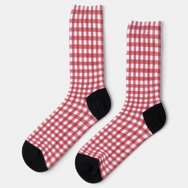 Classic Red and White Gingham Plaid Patterned Socks (Left)