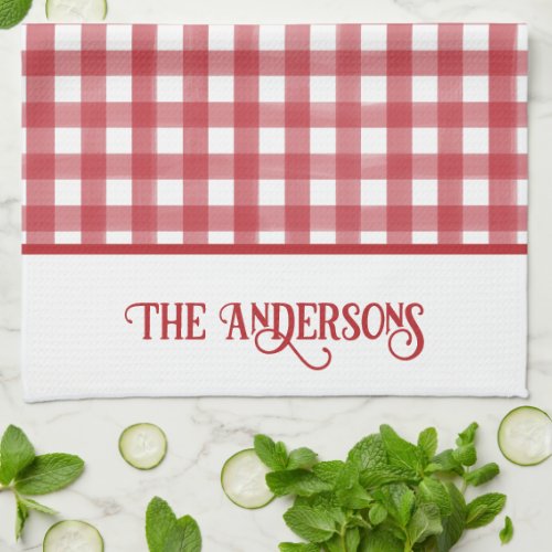 Classic Red and White Gingham Plaid Personalized Kitchen Towel