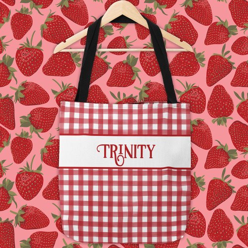 Classic Red and White Gingham Plaid Personalized Tote Bag