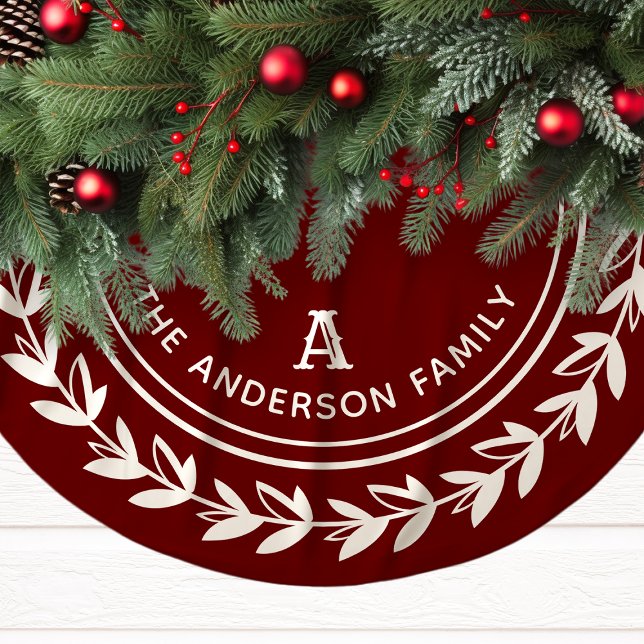 Classic Red and White Laurel Family Initial  Brushed Polyester Tree Skirt (Creator Uploaded)