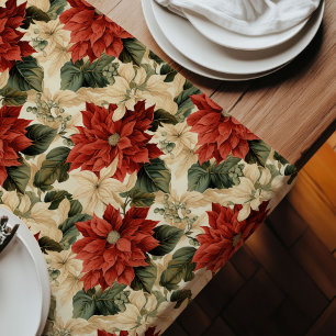 Classic Red and White Poinsettia Christmas Chic Long Table Runner