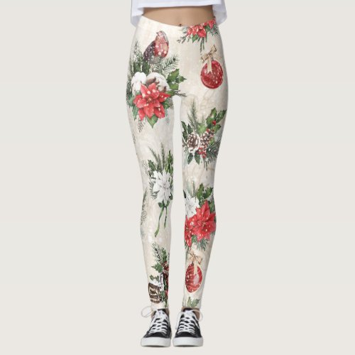 CLassic red and white poinsettia flowers cotton  Leggings