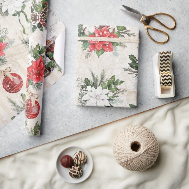 Classic red and white poinsettia pine cones cotton wrapping paper (Crafts)