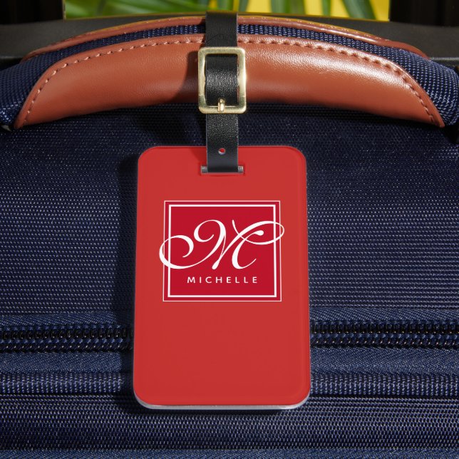 Classic Red and White Script Monogram Luggage Tag (Front Insitu 2)