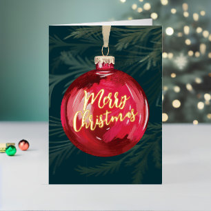 Classic Red Ball Christmas Tree Ornament Foil Holiday Card