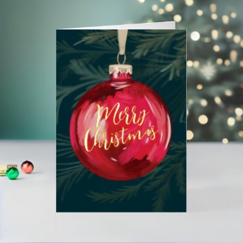 Classic Red Ball Christmas Tree Ornament  Foil Holiday Card by labellarue at Zazzle