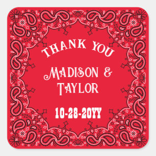 Classic Red Bandana Western Wedding Thank You Square Sticker