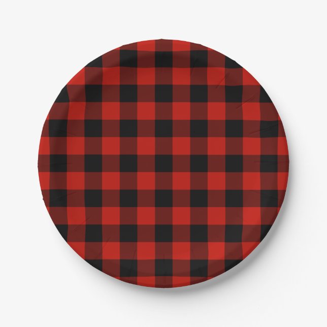 Classic Red Black Buffalo Plaid Lumberjack Pattern Paper Plates (Front)