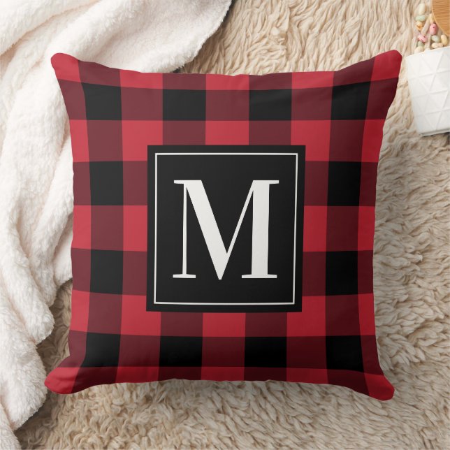 Classic Red Black Buffalo Plaid Monogram Christmas Throw Pillow (Blanket)