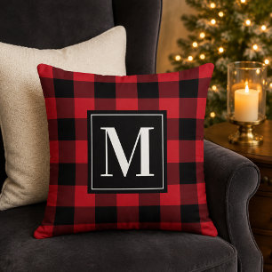 Classic Red Black Buffalo Plaid Monogram Christmas Throw Pillow
