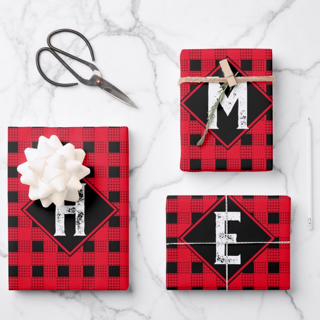 Classic red & black buffalo plaid Monogram initial Wrapping Paper Sheets (Front)