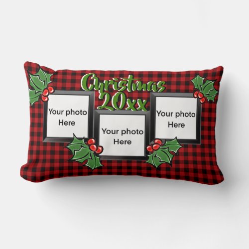 Classic red black buffalo plaid personalize photo  lumbar pillow