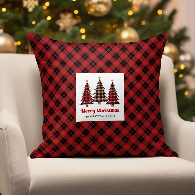 Classic Red Black Plaid Christmas Trees Pillow (Classic Red Black Plaid Christmas Trees Pillow)
