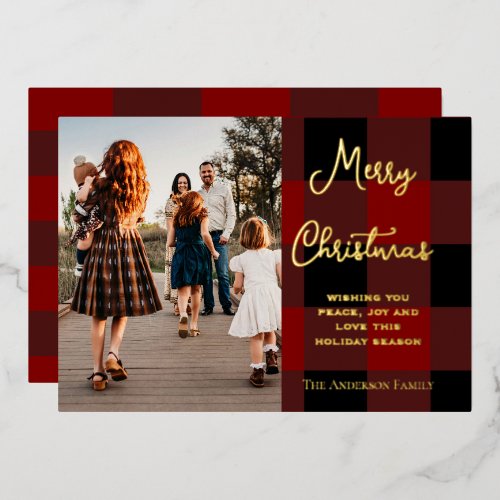 Classic Red & Black Plaid Family Photo Christmas Foil Holiday Card
