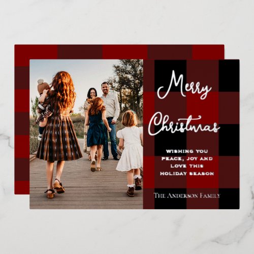 Classic Red & Black Plaid Family Photo Christmas Foil Holiday Card