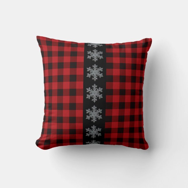 Classic red black plaid holiday snowflakes throw pillow (Front)