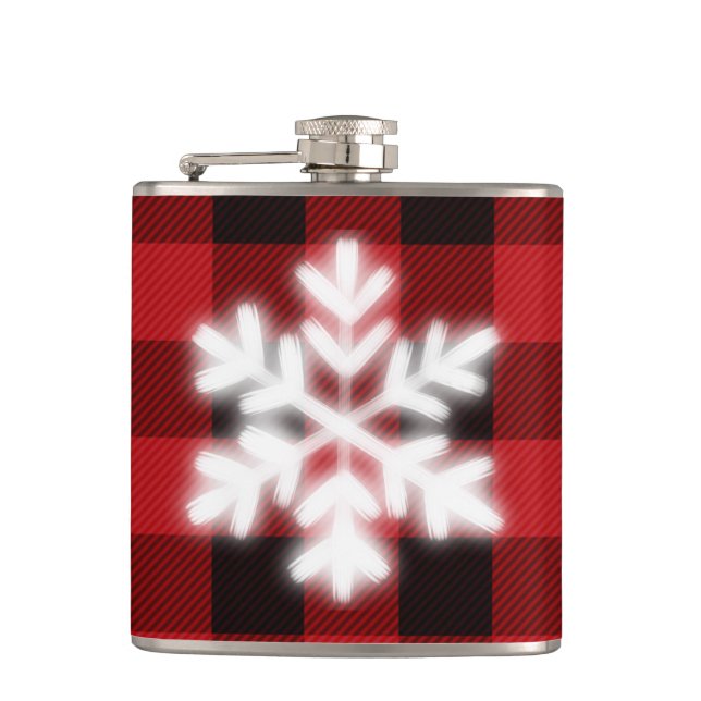Classic red black plaid pattern cute snowflake  flask (Front)