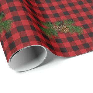 Classic red black plaid rustic pine cone wrapping paper