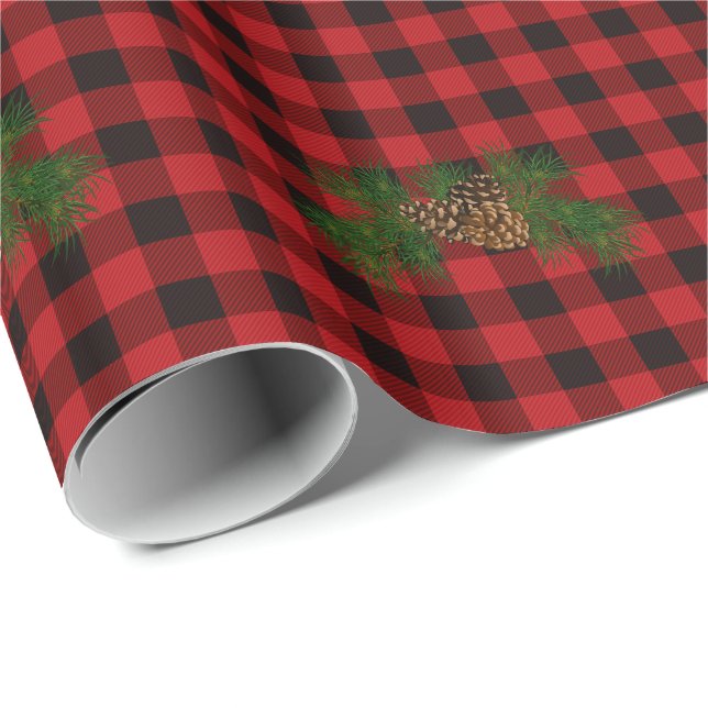 Classic red black plaid rustic pine cone wrapping paper (Roll Corner)