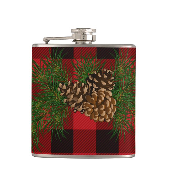 Classic red black plaid rustic pinecone  hip flask (Front)