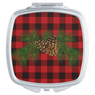Classic red black plaid rustic pinecone  mirror for makeup