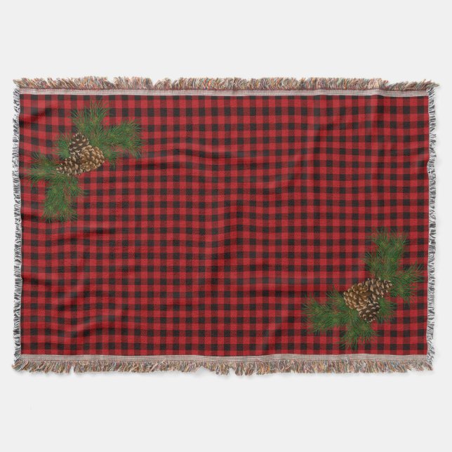 Classic red black plaid rustic pinecone  throw blanket (Front)