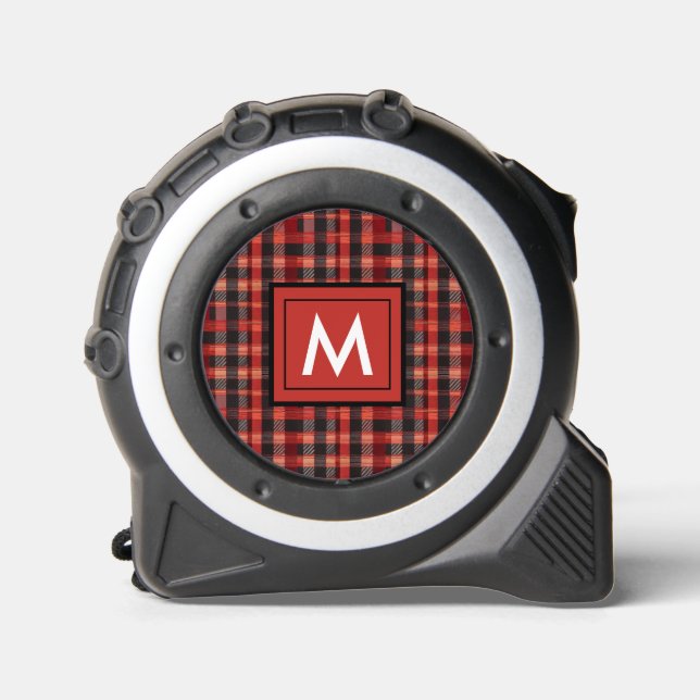 Classic Red Black Plaid Tartan Pattern Monogram Tape Measure (Front)
