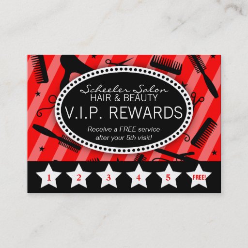 Customizable Classic Red &amp; Black Salon Loyalty Business Card Templates
