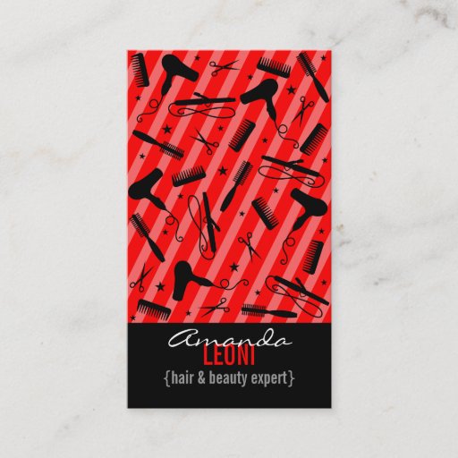 Customizable Classic Red &amp; Black Salon Tools Vertical Business Cards