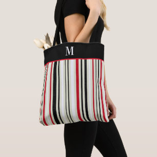 Classic Red Black Stripe Monogram Tote Bag