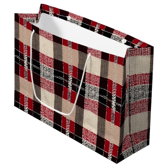 Classic Red & Black Tartan Plaid - Rustic Woven Large Gift Bag (Front Angled)